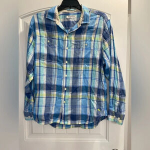 Tommy Bahama Large Preppy Blue Beach Coastal Cotton Tencel Button EUC Plaid